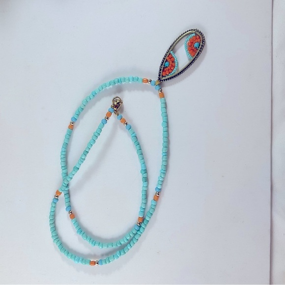 Hand Crafted Pendant Necklace Seed Beads Turquoise Orange Gold tone findings - Picture 4 of 8